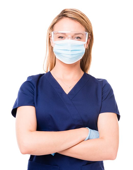Dentist wearing glasses, mask, and gloves